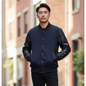 XRAY Men's M Scuba Faux Leather Bomber Varsity Jacket Blue Black NWT